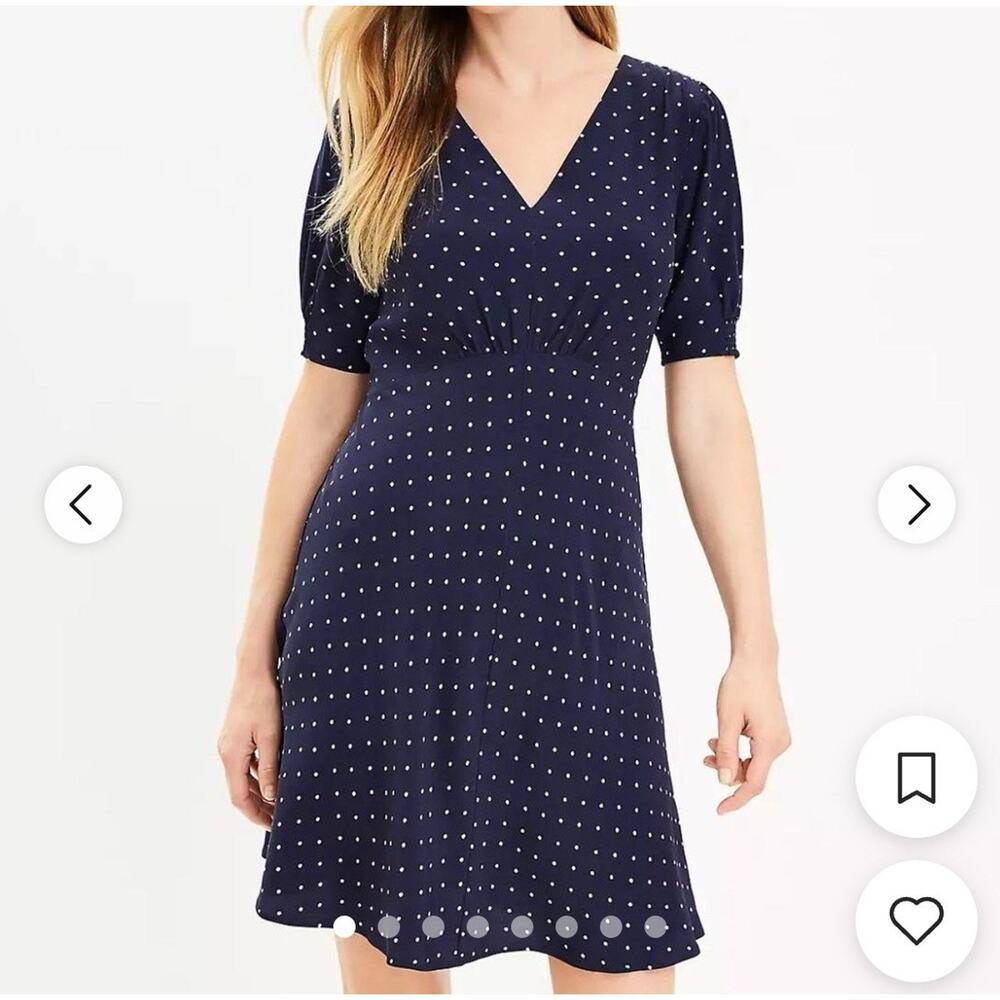 Loft Navy Blue Polka Dot V-neck Dress Puff Sleeves Size 10 NWT Retro 40's Style - Picture 3 of 13